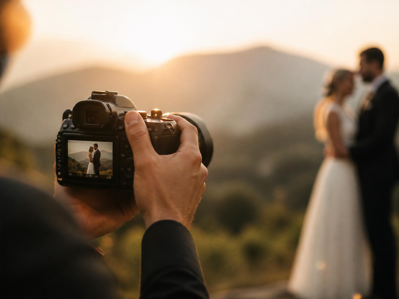 Photographer capturing a wedding at golden hour